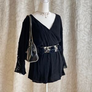 Millau Black Long Sleeve Crochet Romper Boho Bell Sleeve Plunge Back Playsuit XS